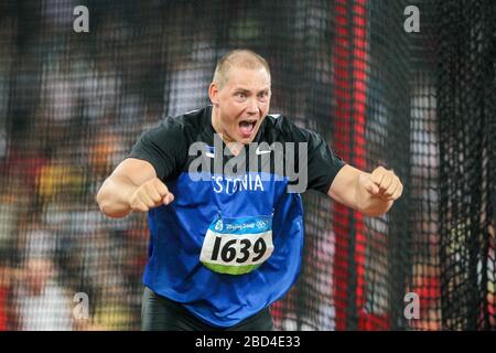 Gold medalist Gerd Kanter of Estonia, Men`s Discus Throw Final in the National Stadium during the Beijing 2008 Olympic Games in Beijing, China, 19 Aug Stock Photo